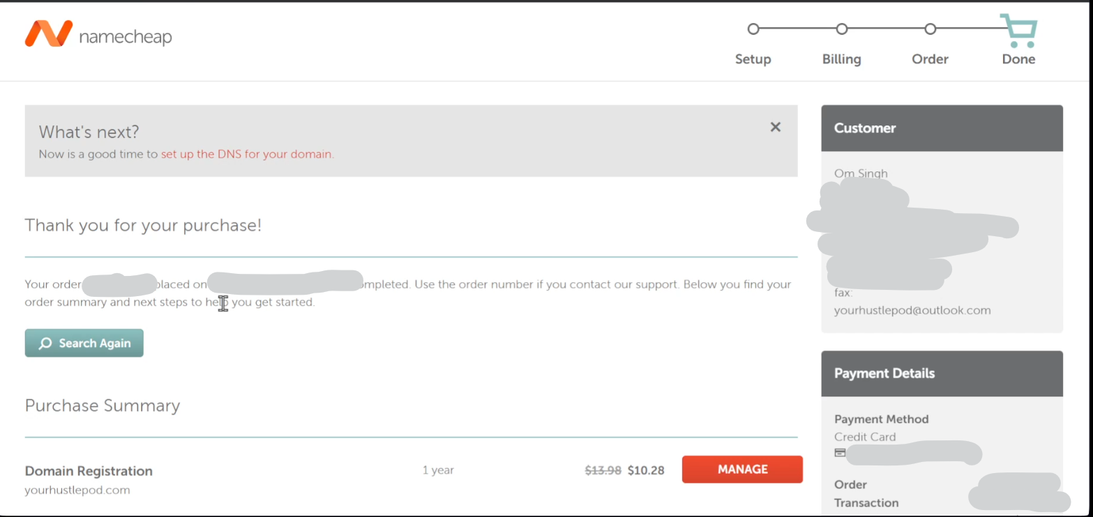 Namecheap order successful 