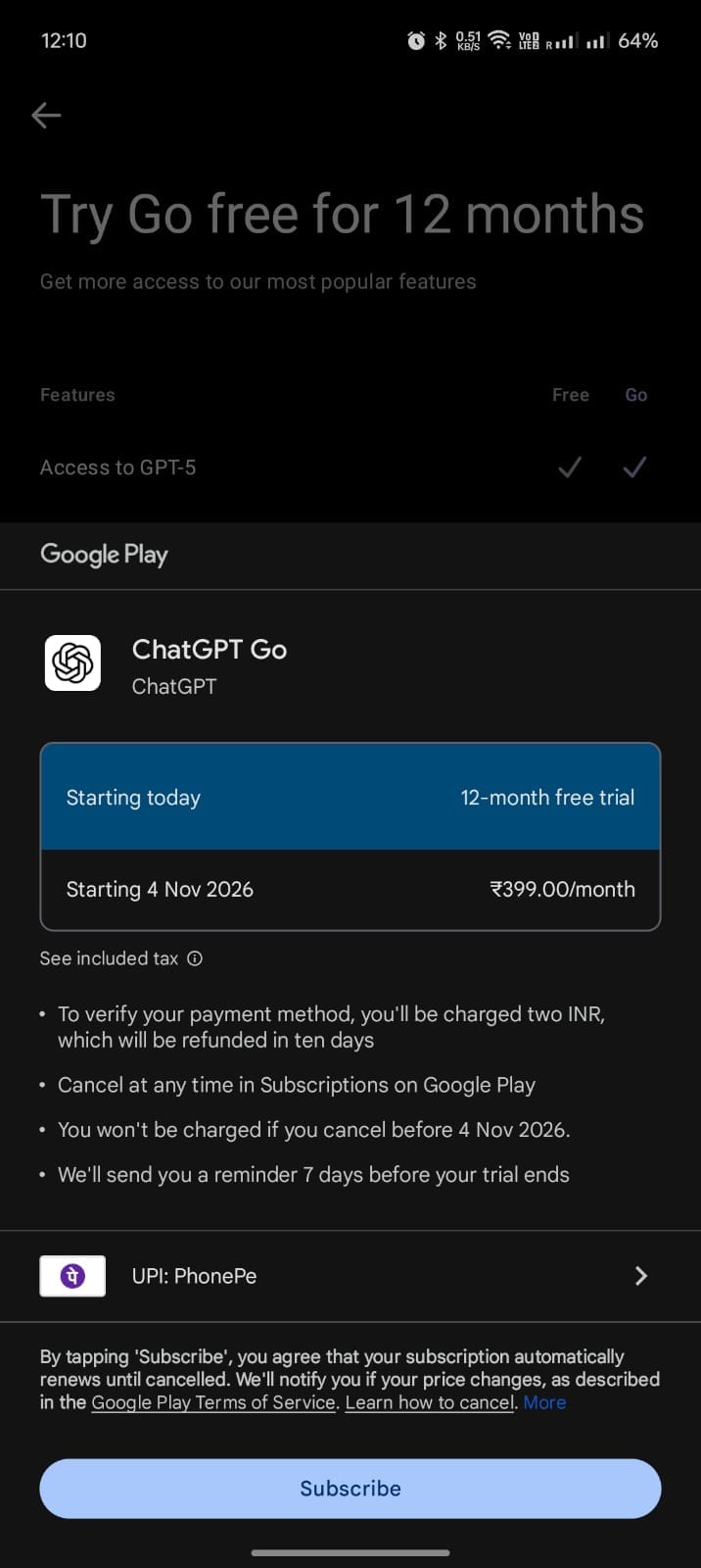 CHATGPT GO PAYMENT METHOD SETUP